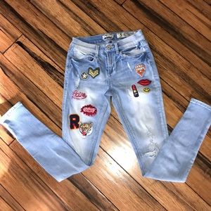 Indigo Rein Patchwork Distressed Skinny Jeans